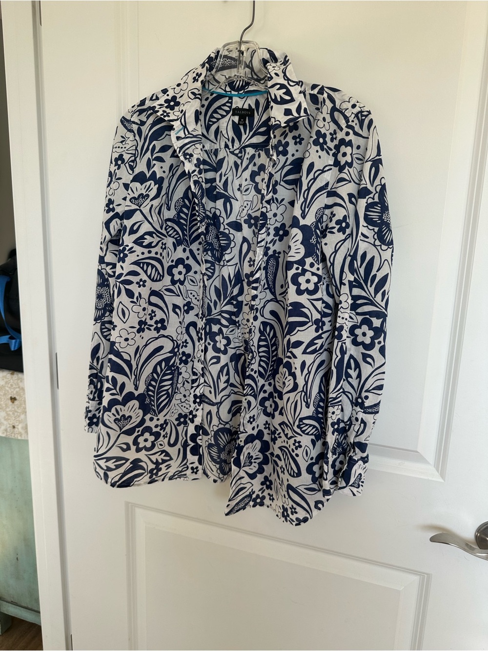 Talbots White and Navy Floral Button-Down Blouse